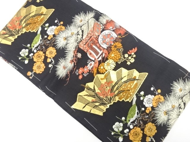 アンティーク　御所車に鶯・草花模様織り出し名古屋帯（着用可）